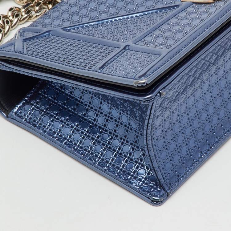 Pre Owned Dior Metallic Blue Micro Cannage Patent Leather Small Diorama Flap Bag