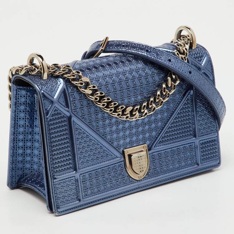 Pre Owned Dior Metallic Blue Micro Cannage Patent Leather Small Diorama Flap Bag