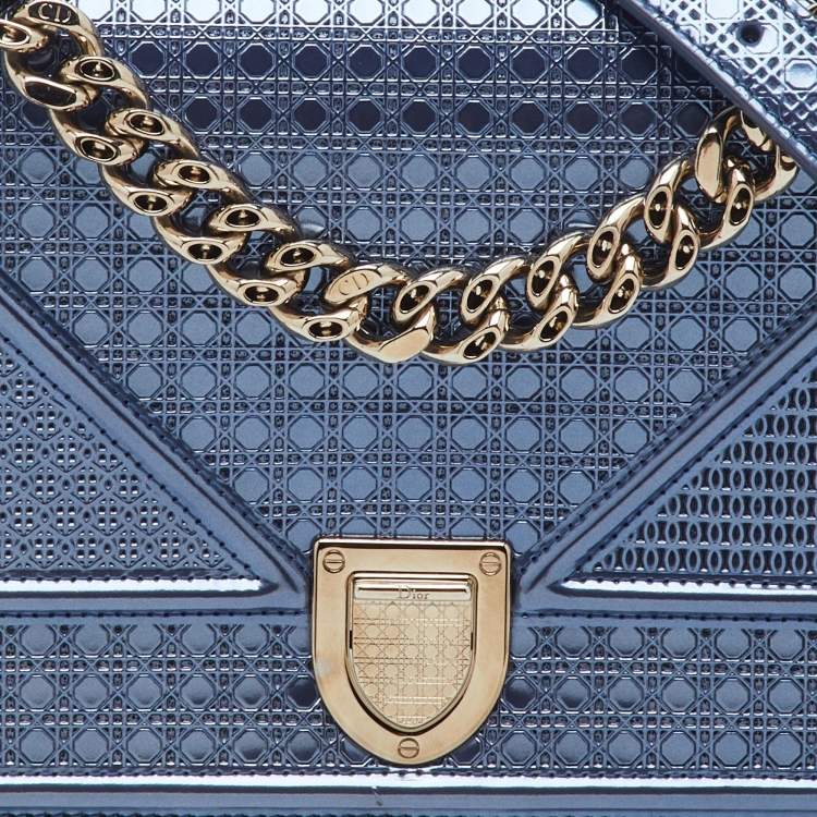 Pre Owned Dior Metallic Blue Micro Cannage Patent Leather Small Diorama Flap Bag