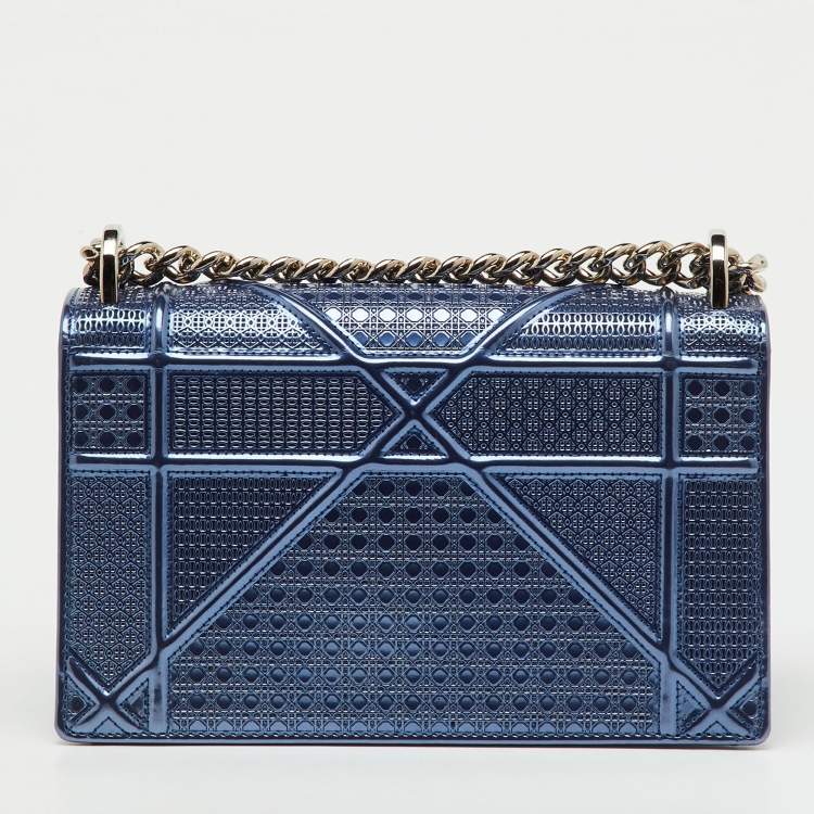 Pre Owned Dior Metallic Blue Micro Cannage Patent Leather Small Diorama Flap Bag