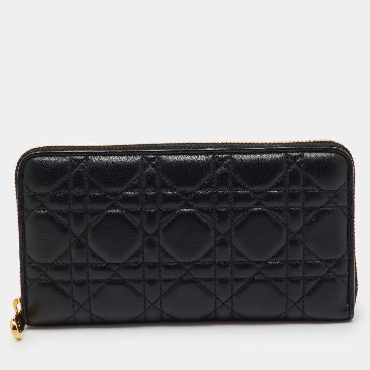 Pre Owned Dior Black Cannage Leather Lady Dior Zip Around Wallet