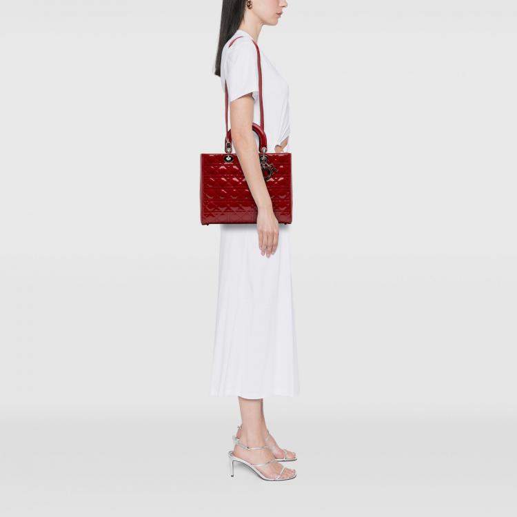 Pre Owned Dior Red Large Patent Cannage Lady Dior
