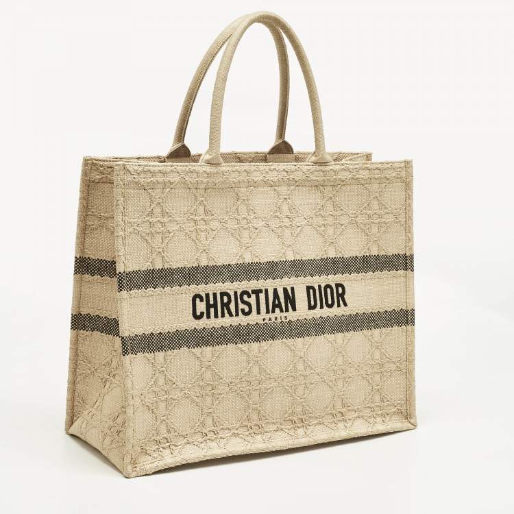 Pre Owned Dior Cream Embroidered Raffia Large Book Tote