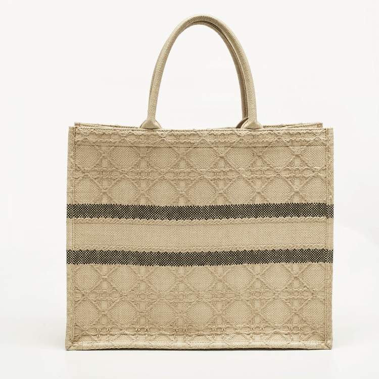 Pre Owned Dior Cream Embroidered Raffia Large Book Tote