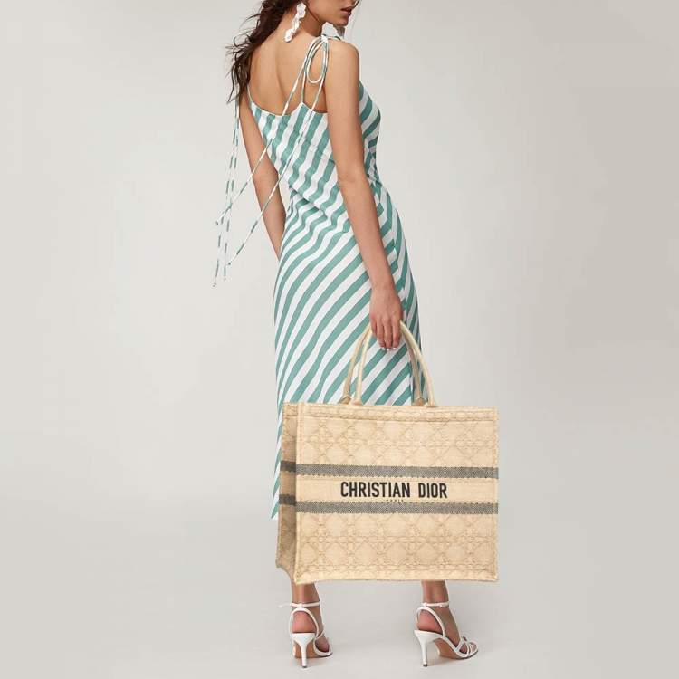 Pre Owned Dior Cream Embroidered Raffia Large Book Tote