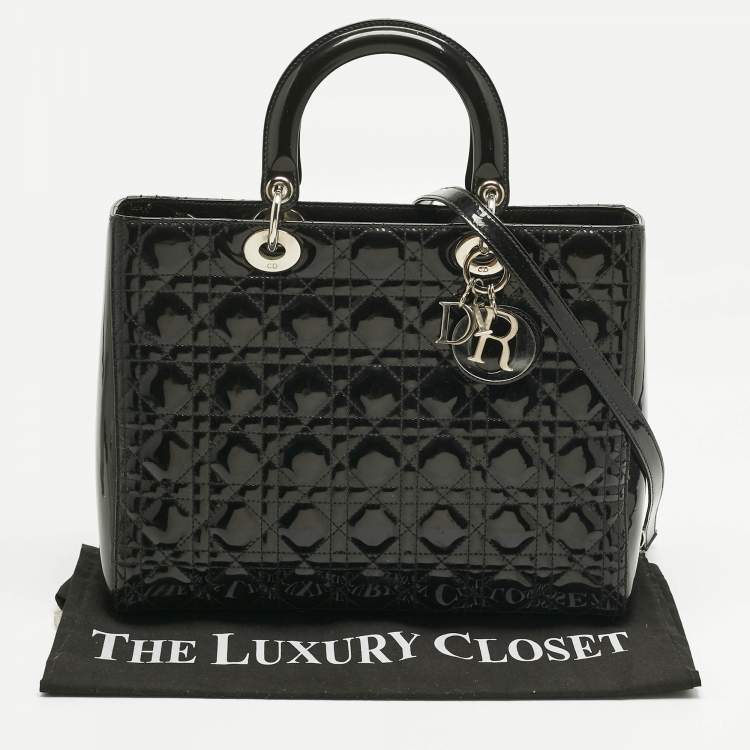 Pre Owned Dior Charcoal Black Cannage Patent Leather Large Lady Dior Tote
