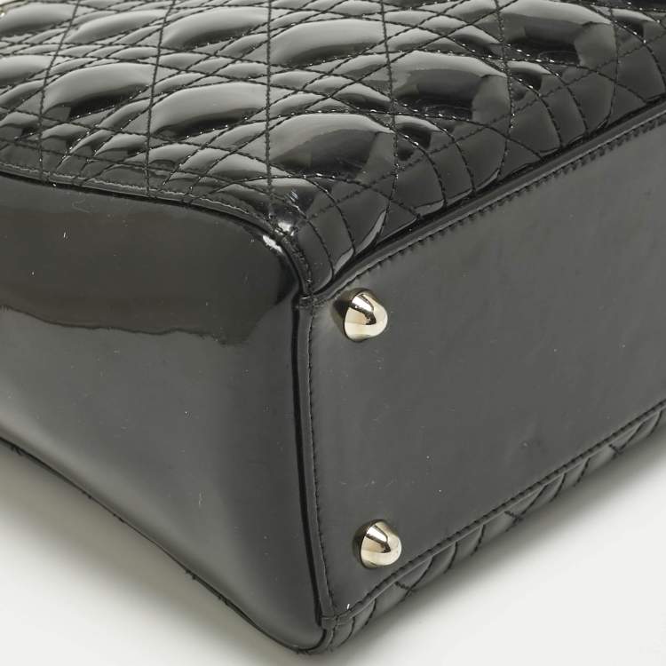 Pre Owned Dior Charcoal Black Cannage Patent Leather Large Lady Dior Tote