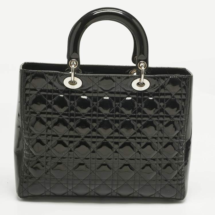Pre Owned Dior Charcoal Black Cannage Patent Leather Large Lady Dior Tote