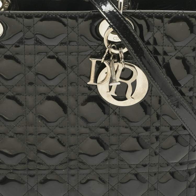Pre Owned Dior Charcoal Black Cannage Patent Leather Large Lady Dior Tote