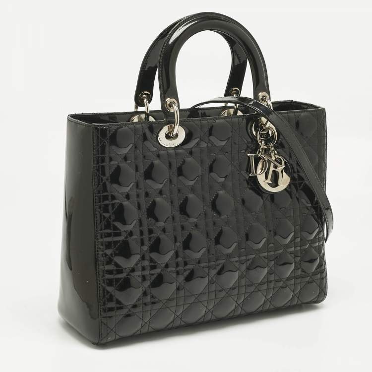 Pre Owned Dior Charcoal Black Cannage Patent Leather Large Lady Dior Tote
