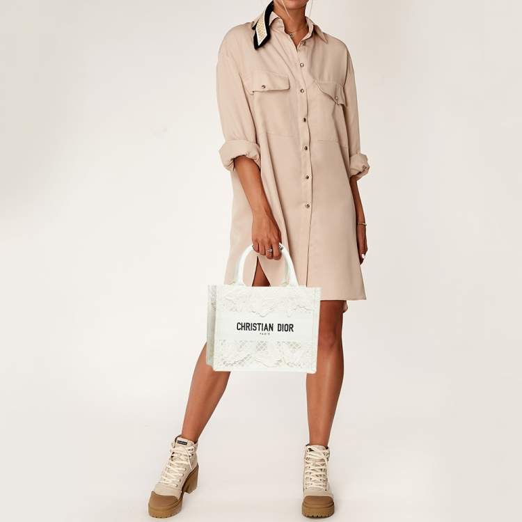 Pre Owned Dior White D-Lace Embroidered Canvas Small Book Tote