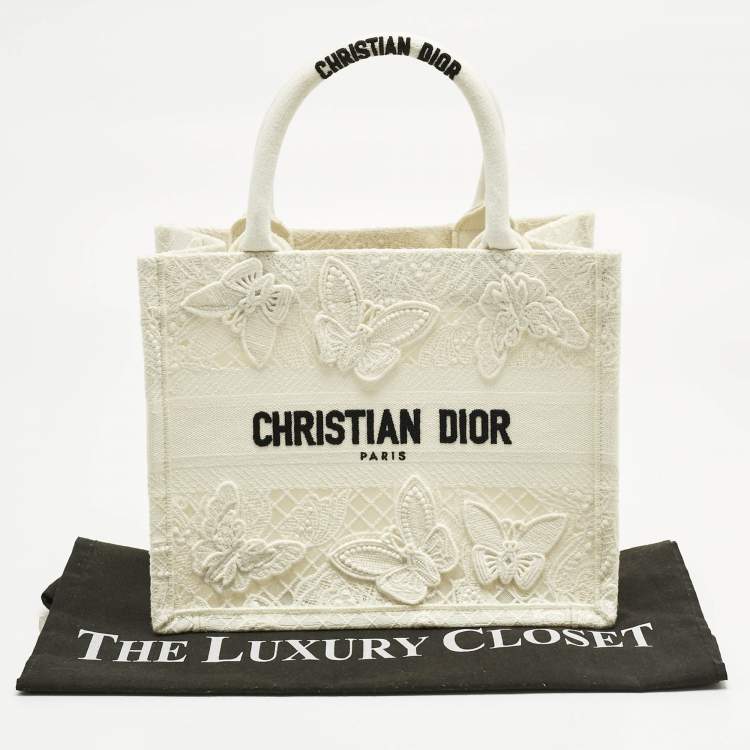 Pre Owned Dior White D-Lace Embroidered Canvas Small Book Tote