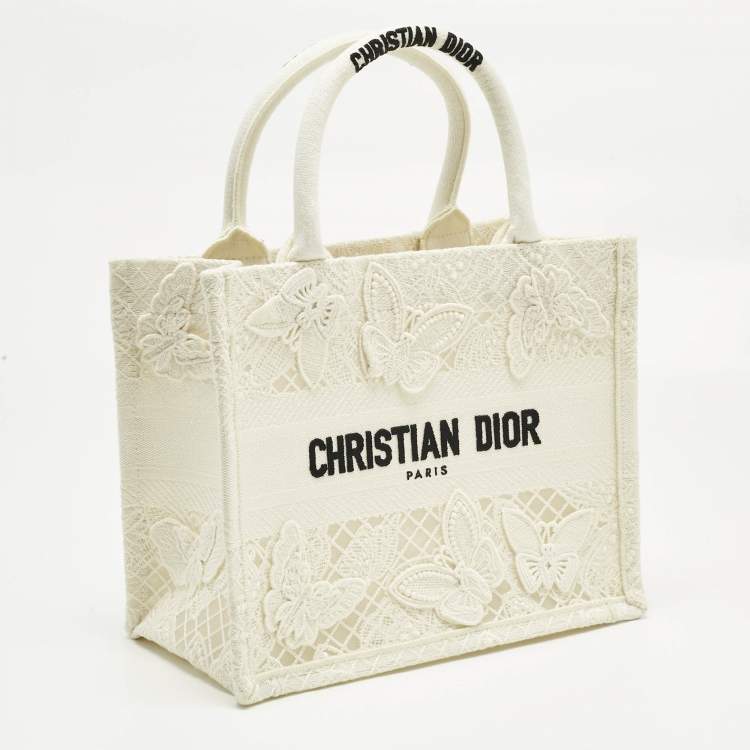 Pre Owned Dior White D-Lace Embroidered Canvas Small Book Tote