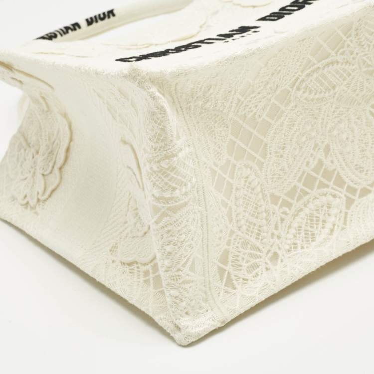 Pre Owned Dior White D-Lace Embroidered Canvas Small Book Tote