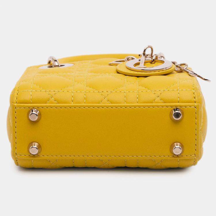 Pre Owned Dior Yellow Micro Lambskin Cannage Lady Dior