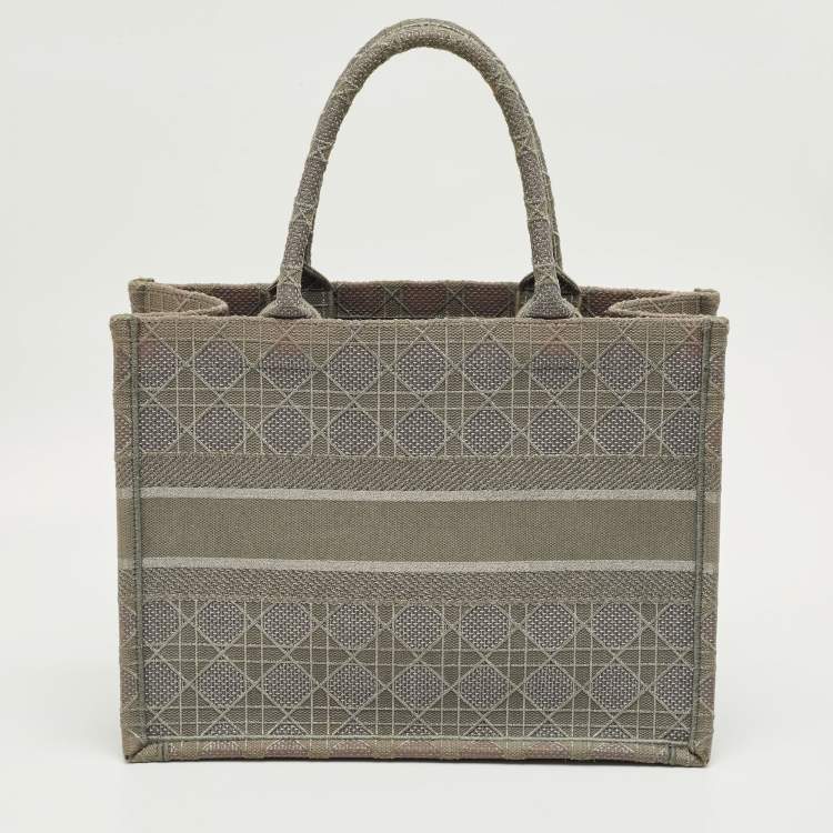 Pre Owned Dior Grey Embroidered Cannage Canvas Medium Book Tote