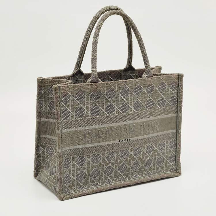 Pre Owned Dior Grey Embroidered Cannage Canvas Medium Book Tote