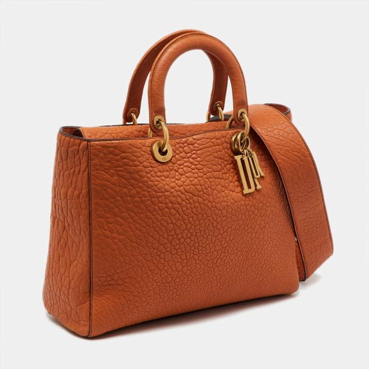 Pre Owned Dior Orange Canyon Grained Leather Large Lady Dior Tote