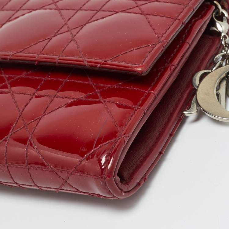 Pre Owned Dior Red Cannage Patent Leather Lady Dior Wallet On Chain