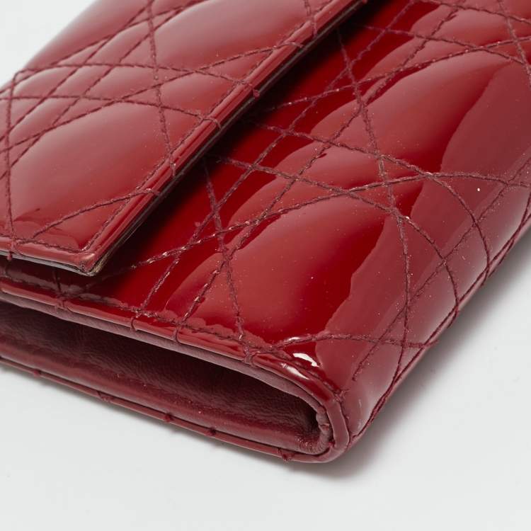 Pre Owned Dior Red Cannage Patent Leather Lady Dior Wallet On Chain