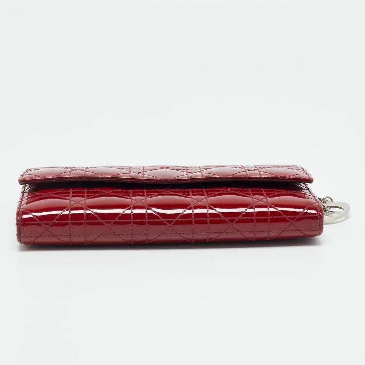 Pre Owned Dior Red Cannage Patent Leather Lady Dior Wallet On Chain