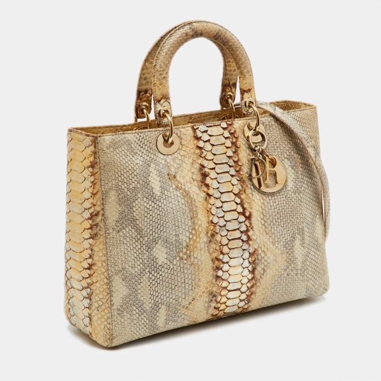 Pre Owned Dior Gold/Beige Python Large Lady Dior Tote