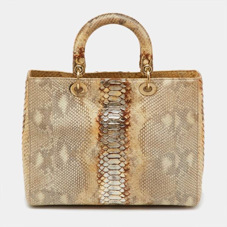 Pre Owned Dior Gold/Beige Python Large Lady Dior Tote