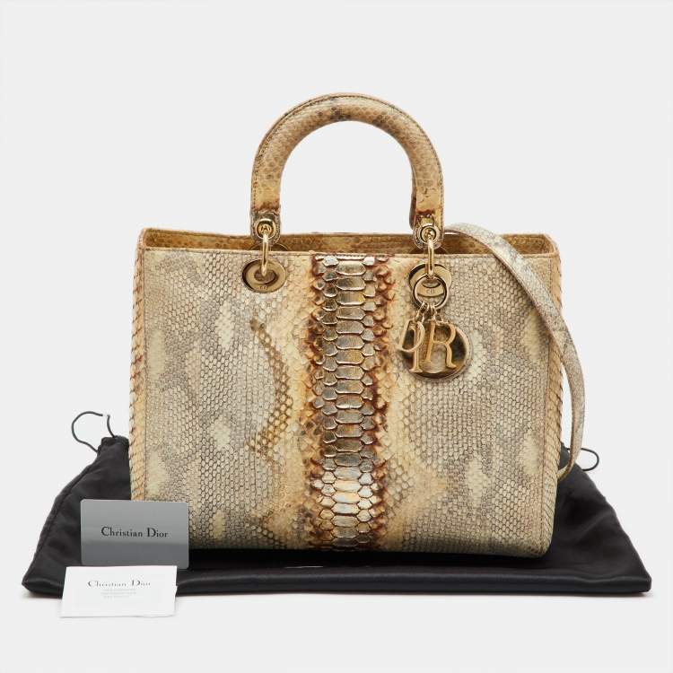 Pre Owned Dior Gold/Beige Python Large Lady Dior Tote