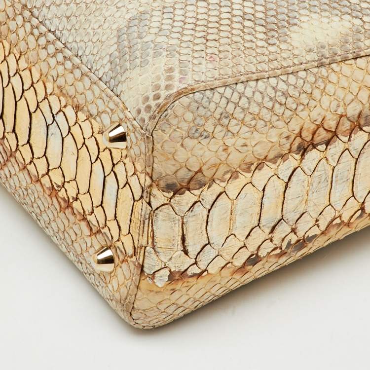 Pre Owned Dior Gold/Beige Python Large Lady Dior Tote