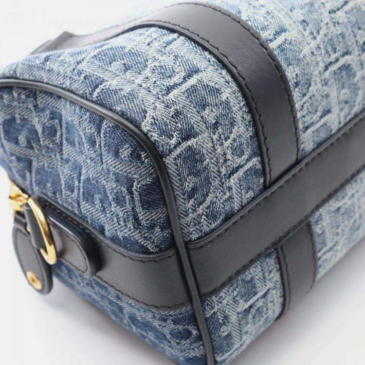 Pre Owned Christian Dior Dior Groove 20 Small Oblique Jacquard Handbag In Denim And Leather Navy Blue