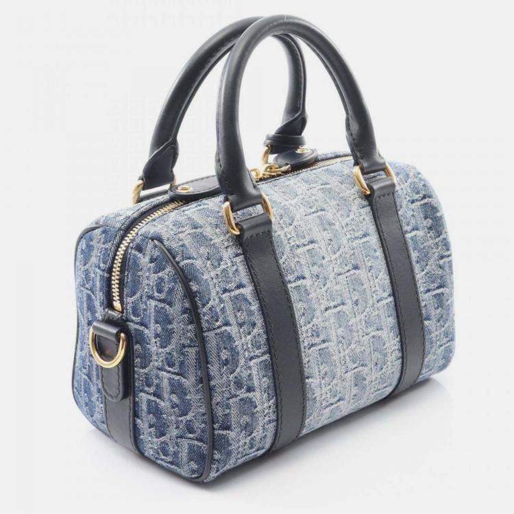 Pre Owned Christian Dior Dior Groove 20 Small Oblique Jacquard Handbag In Denim And Leather Navy Blue