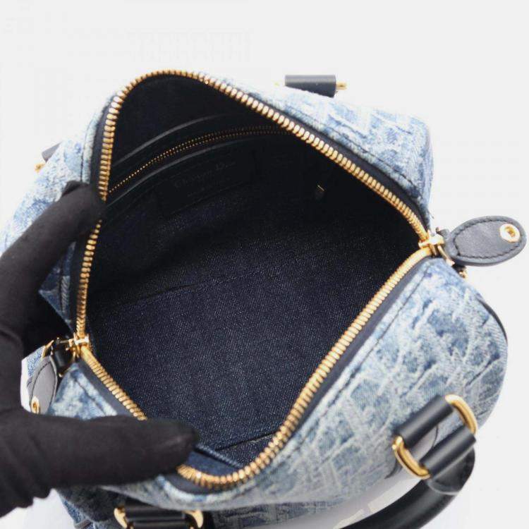Pre Owned Christian Dior Dior Groove 20 Small Oblique Jacquard Handbag In Denim And Leather Navy Blue