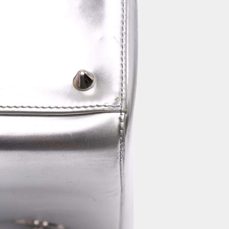 Pre Owned Dior Silver Medium Metallic Patent Lady Dior