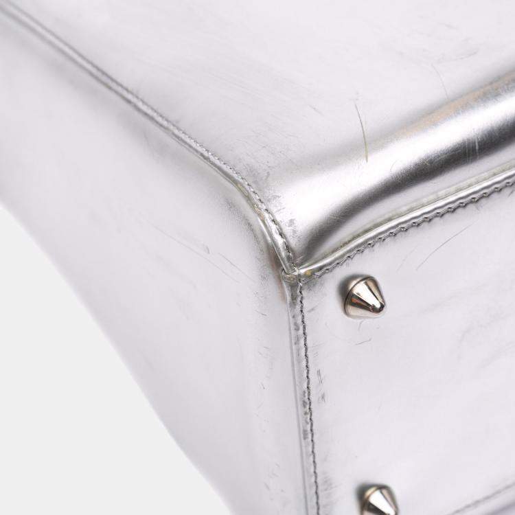 Pre Owned Dior Silver Medium Metallic Patent Lady Dior