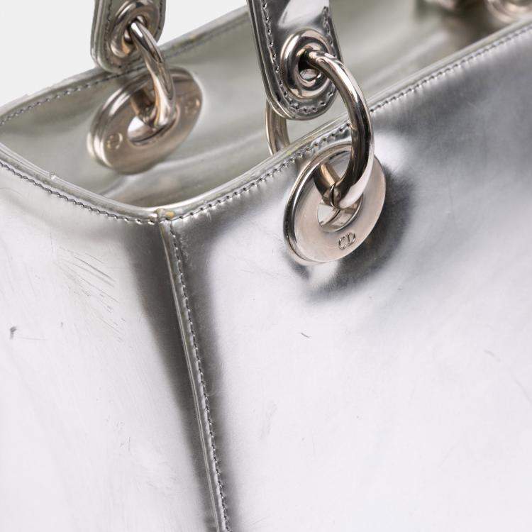 Pre Owned Dior Silver Medium Metallic Patent Lady Dior