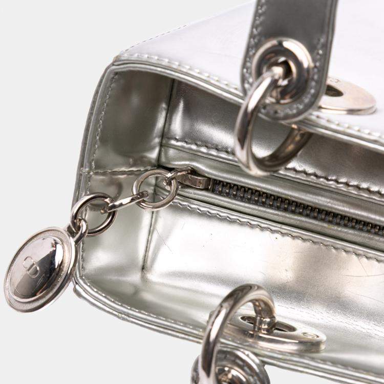 Pre Owned Dior Silver Medium Metallic Patent Lady Dior