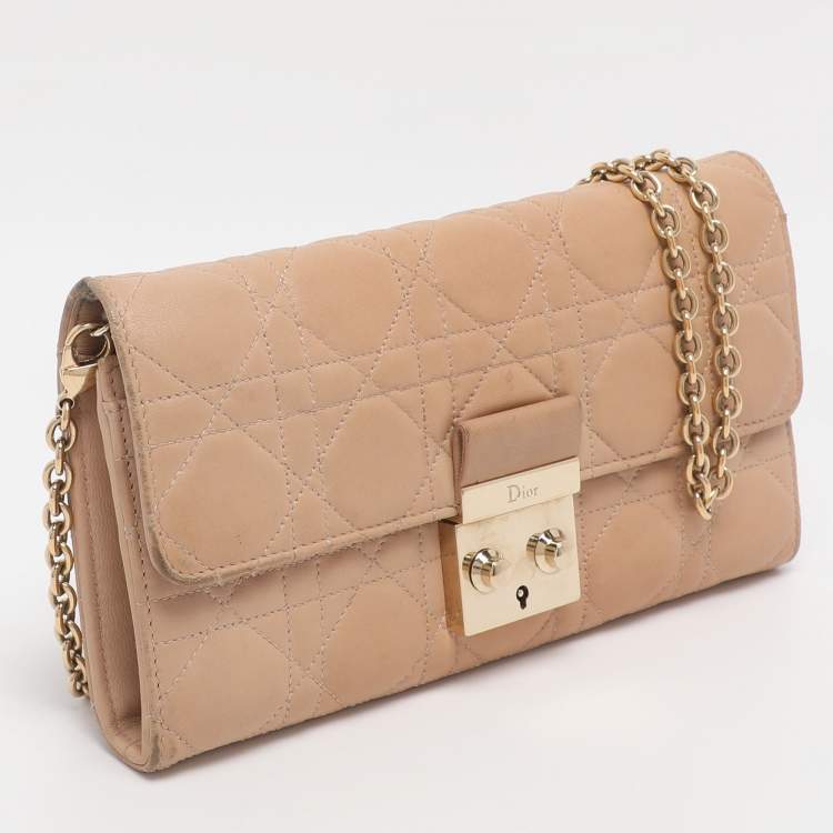 Pre Owned Dior Beige Cannage Leather Miss Dior Promenade Wallet on Chain