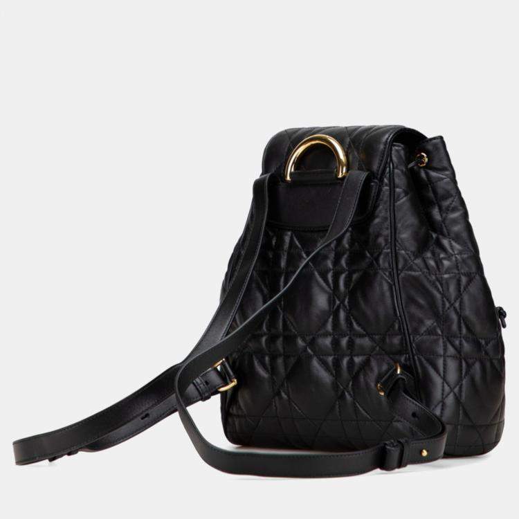 Pre Owned Christian Dior Dior Macrocannage Caro Medium Backpack In Black Leather