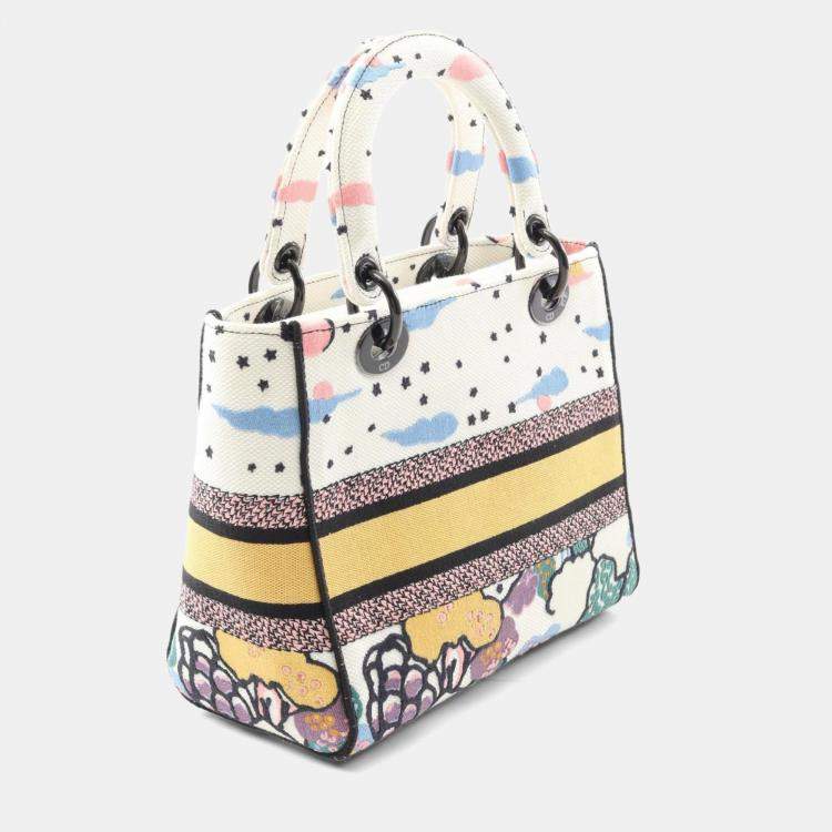 Pre Owned Christian Dior Dior Lady D-Lite Medium Handbag  Canvas  White  Multicolor