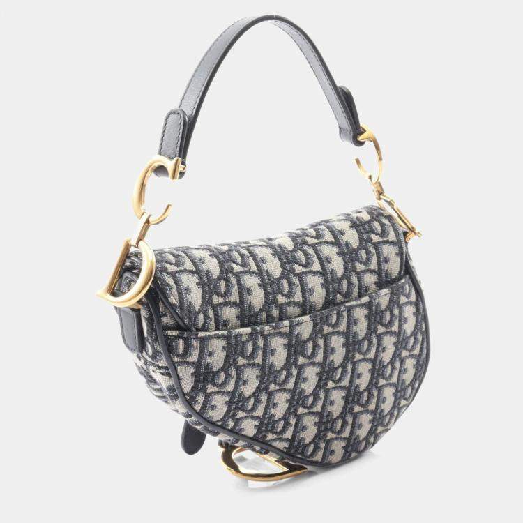 Pre Owned Christian Dior Dior Saddle Oblique Handbag  Canvas And Leather  Beige Navy