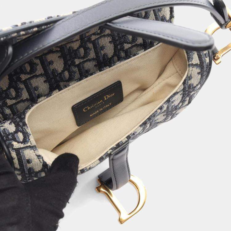 Pre Owned Christian Dior Dior Saddle Oblique Handbag  Canvas And Leather  Beige Navy