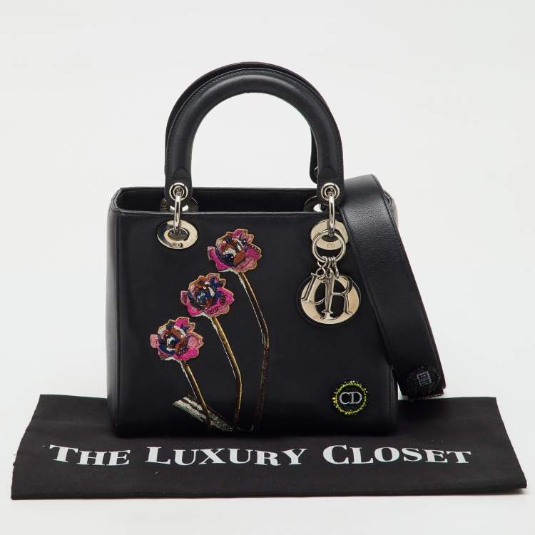 Pre Owned Dior Black Leather Flower Embroidered Medium Lady Dior Tote