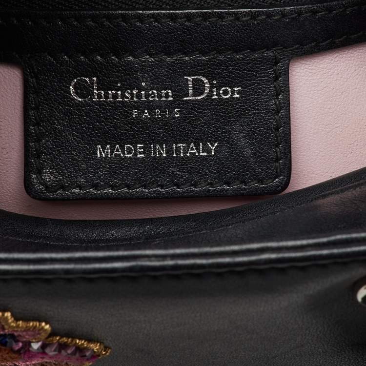 Pre Owned Dior Black Leather Flower Embroidered Medium Lady Dior Tote