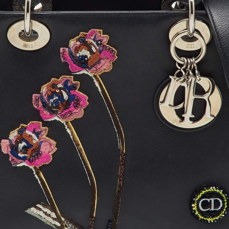 Pre Owned Dior Black Leather Flower Embroidered Medium Lady Dior Tote