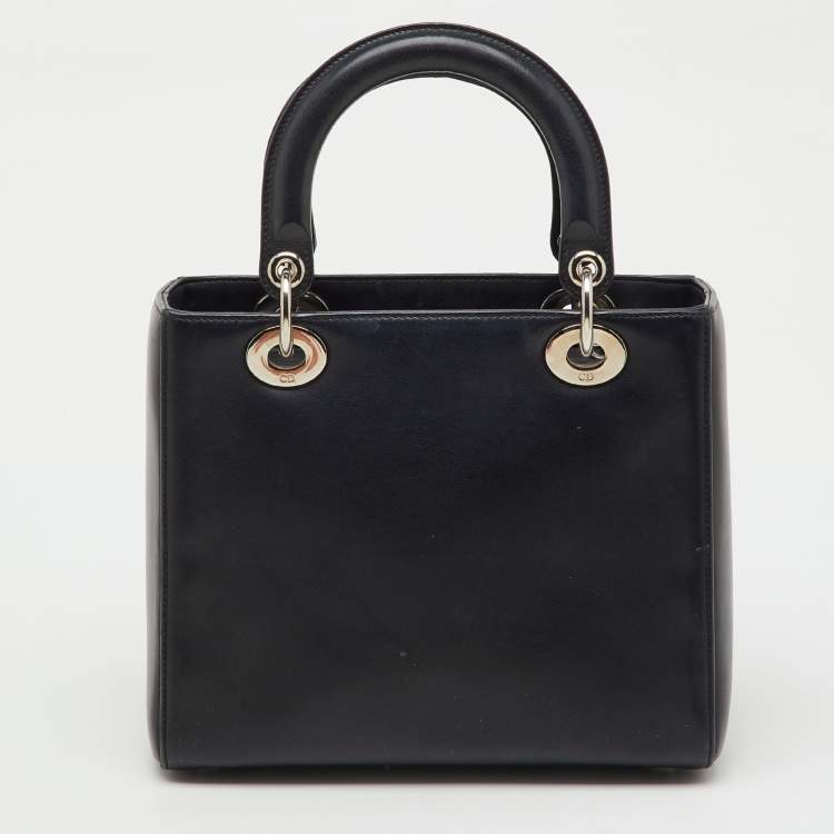 Pre Owned Dior Black Leather Flower Embroidered Medium Lady Dior Tote