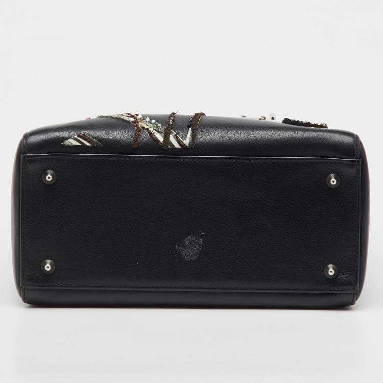 Pre Owned Dior Black Leather Flower Embroidered Medium Lady Dior Tote