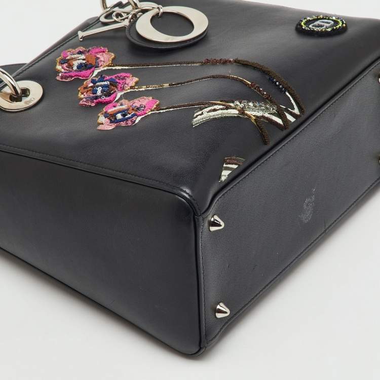 Pre Owned Dior Black Leather Flower Embroidered Medium Lady Dior Tote
