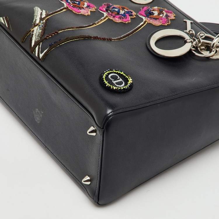 Pre Owned Dior Black Leather Flower Embroidered Medium Lady Dior Tote