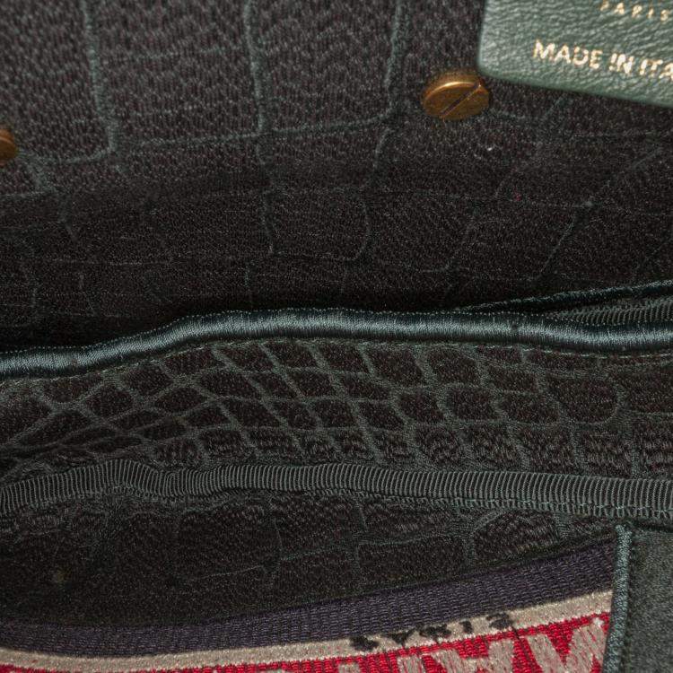 Pre Owned Dior Green Velvet Embroidered Crocodile Effect Saddle Bag
