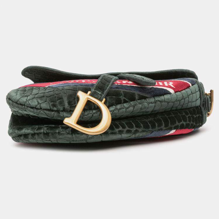 Pre Owned Dior Green Velvet Embroidered Crocodile Effect Saddle Bag